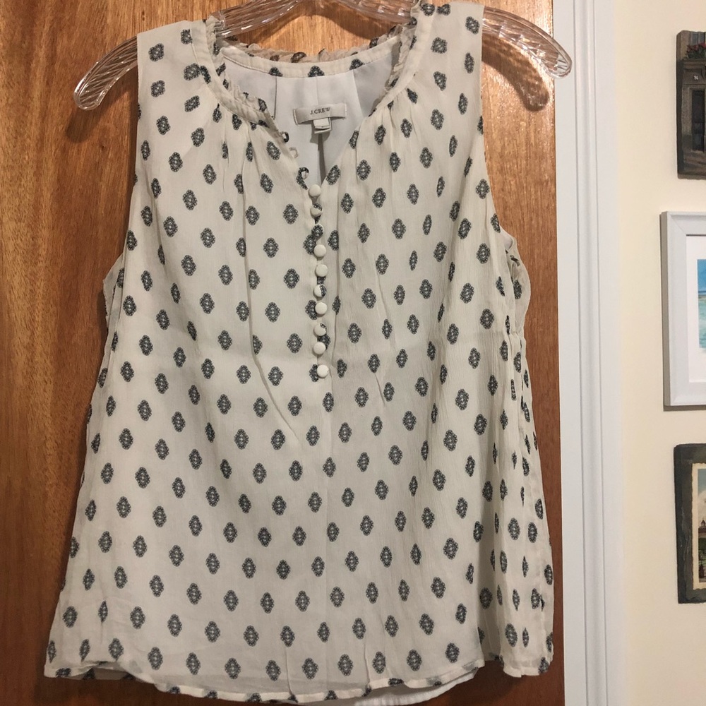 Patterned white J. Crew sleeveless blouse